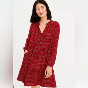 LOFT Red Plaid Long Sleeve Dress